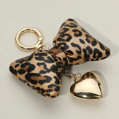 Fashnzfab Leopard Faux Leather Plush Bow Metal Heart Drop Keychain / Bag Charm In Multi