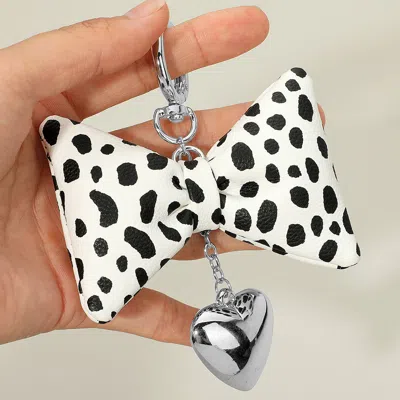 Fashnzfab Leopard Faux Leather Plush Bow Metal Heart Drop Keychain / Bag Charm In Multi