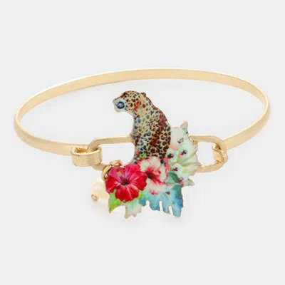 Fashnzfab Leopard Freshwater Pearl Charm Hook Bracelet Multi In Gold
