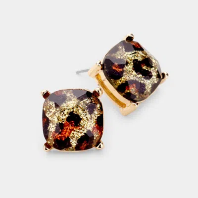 Fashnzfab Leopard Glitter Square Stone Stud Earrings In Gold
