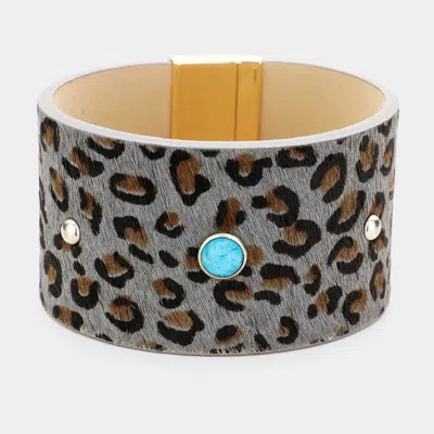 Fashnzfab Leopard Leather Turquoise Round Magnetic Bracelet Gold, Gray, Turquoise In Multi