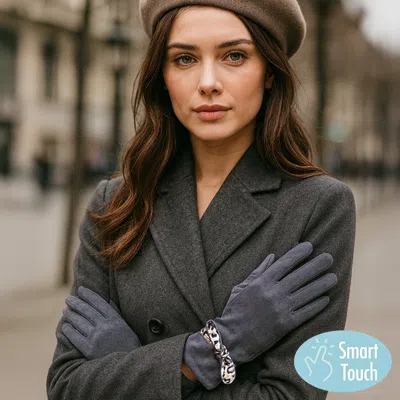 Fashnzfab Leopard Pattern Bow Accent Smart Touch Gloves In Gray