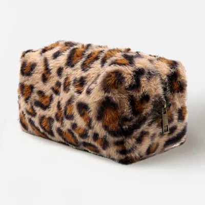Fashnzfab Leopard Pattern Faux Fur Pouch Bag In Sand
