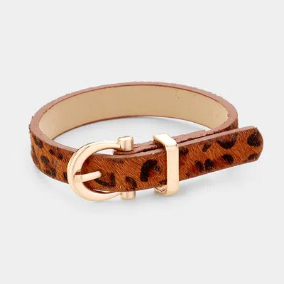 Fashnzfab Leopard Pattern Faux Leather Metal Buckle Adjustable Bracelet Brown