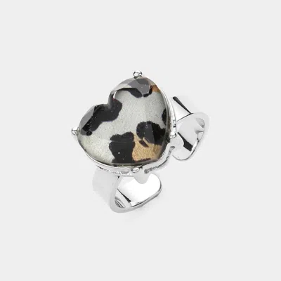 Fashnzfab Leopard Pattern Heart Stone Adjustable Ring - Leopard, Rhodium In Metallic