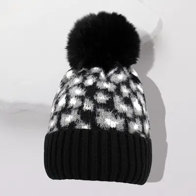 Fashnzfab Leopard Pattern Pom Pom Beanie Hat In Black
