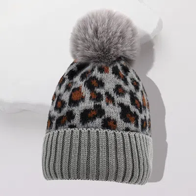 Fashnzfab Leopard Pattern Pom Pom Beanie Hat In Gray