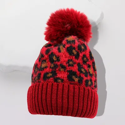 Fashnzfab Leopard Pattern Pom Pom Beanie Hat In Red