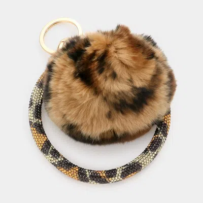 Fashnzfab Leopard Pattern Pom Pom Rhinestone Pave Bangle Keychain / Bracelet Brown, Leopard In Multi