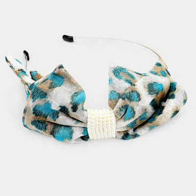 Fashnzfab Leopard Pattern Print Bow Pearl Headband In Blue