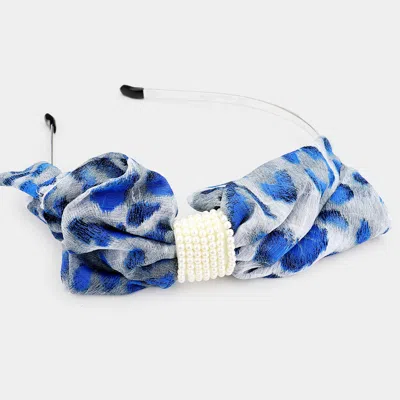 Fashnzfab Leopard Pattern Print Bow Pearl Headband In Blue