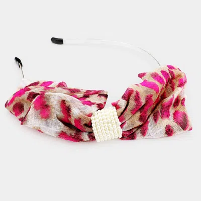 Fashnzfab Leopard Pattern Print Bow Pearl Headband In Pink