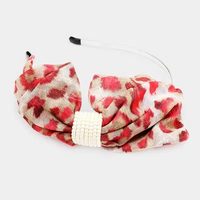 Fashnzfab Leopard Pattern Print Bow Pearl Headband In Red