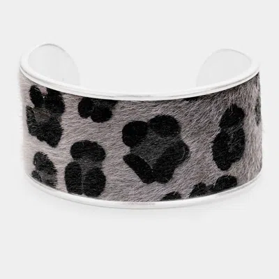 Fashnzfab Leopard Pattern Wide Cuff Bracelet Gray, Worn Silver In Black