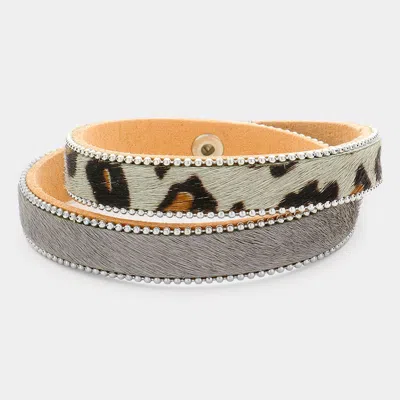 Fashnzfab Leopard Patterned Calf Magnetic Wrap Bracelet Gray