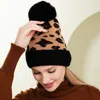 Fashnzfab Leopard Patterned Faux Fur Pom Pom Beanie Hat In Brown