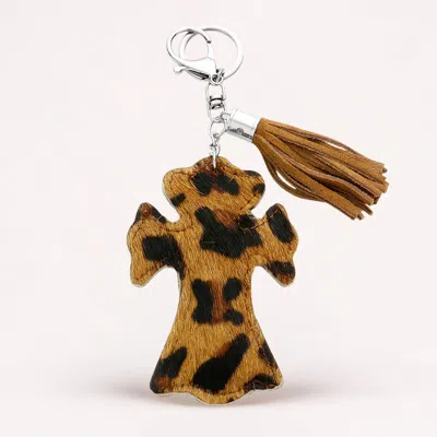 Fashnzfab Leopard Patterned Genuine Fur Calf Cross Tassel Keychain / Bag Charm In Brown