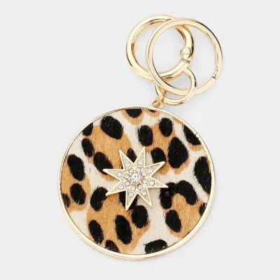 Fashnzfab Leopard Patterned Genuine Leather Calf Round Keychain In Multi