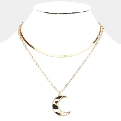 Fashnzfab Leopard Patterned Genuine Leather Crescent Moon Pendant Double Layered Necklace In Multi