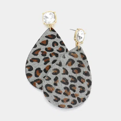 Fashnzfab Leopard Patterned Genuine Leather Teardrop Dangle Earrings - Gray