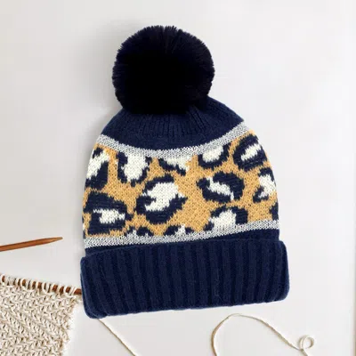Fashnzfab Leopard Patterned Pom Pom Beanie Hat In Blue