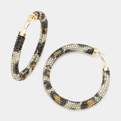 Fashnzfab Leopard Patterned Rhinestone Pave Hoop Earrings In Gray