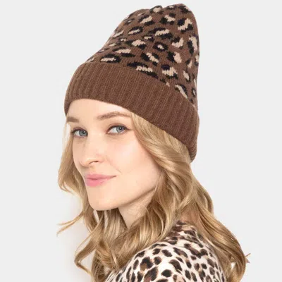 Fashnzfab Leopard Patterned Ribbed Cuff Beanie Hat In Brown