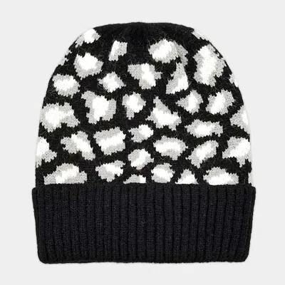 Fashnzfab Leopard Patterned Ribbed Knit Cuff Beanie Hat In Black