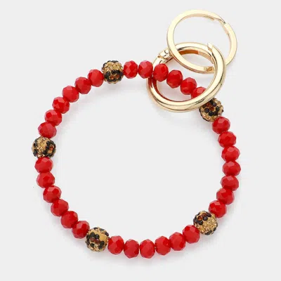 Fashnzfab Leopard Patterned Shamballa Ball Accented Faceted Beaded Keychain / Bracelet Gold, Red