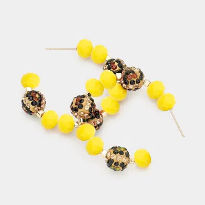 Fashnzfab Leopard Patterned Shamballa Ball Faceted Bead Half Hoop Earrings In Yellow