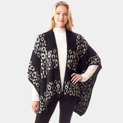 Fashnzfab Leopard Patterned Soft Fuzzy Ruana Poncho In Black