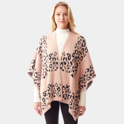 Fashnzfab Leopard Patterned Soft Fuzzy Ruana Poncho In Pink