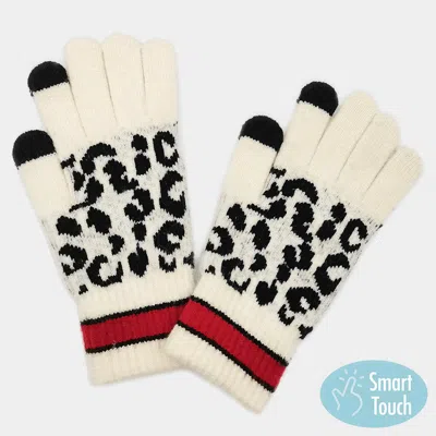 Fashnzfab Leopard Patterned Striped Cuff Knit Smart Gloves In White