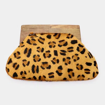 Fashnzfab Leopard Patterned Wood Closure Wide Clutch / Crossbody Bag In Brown