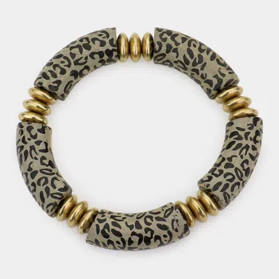 Fashnzfab Leopard Patterned Wood Stretch Bracelet Gray In Gold