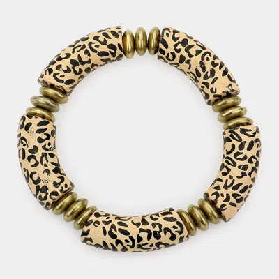 Fashnzfab Leopard Patterned Wood Stretch Bracelet Ivory In Gold