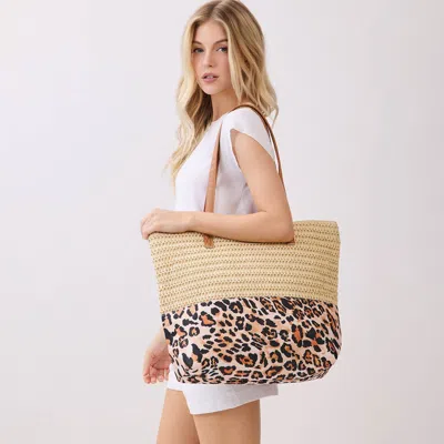 Fashnzfab Leopard Print Straw Tote Shoulder Bag In Sand