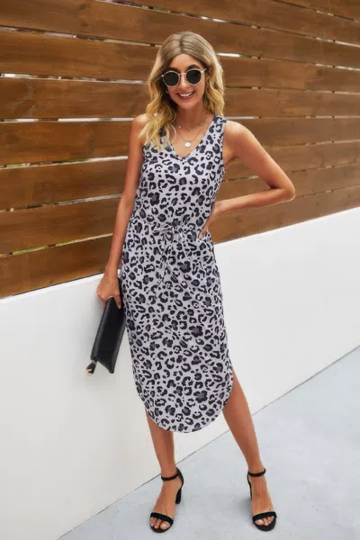 Fashnzfab Leopard Printed Deep V Neck Sleeveless Loose Dress