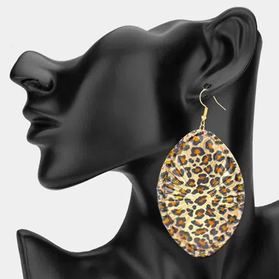 Fashnzfab Leopard Printed Oversized Oval Plate Dangle Earrings In Gold