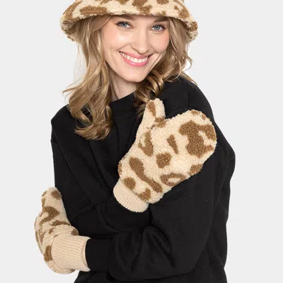 Fashnzfab Leopard Teddy Pop-top Mitten Gloves In Brown