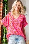 Fashnzfab Leopard V-neck Short Sleeve Woven Top In Pink