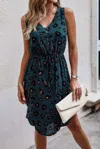 Fashnzfab Leopard V Neck Sleeveless Button Fit Midi Dress
