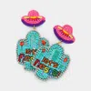 Fashnzfab Let's Fiesta! Message Felt Back Sequin Beaded Cactus Dangle Earrings In Blue