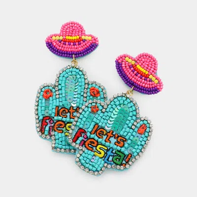 Fashnzfab Let's Fiesta! Message Felt Back Sequin Beaded Cactus Dangle Earrings In Blue