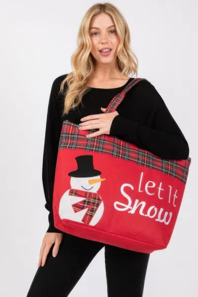 Fashnzfab Let It Snow Letter Snowman Christmas Tote Bag In Red