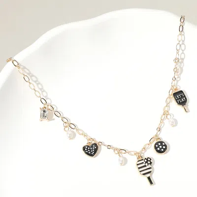Fashnzfab Lets Play Message Enamel Pickleball Pearl Charm Station Necklace In Yellow