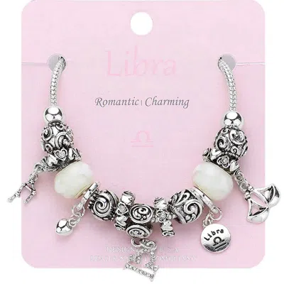 Fashnzfab Libra - Multi-beads Zodiac Sign Charm Bracelet Silver Burnished, White