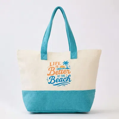 Fashnzfab Life Is Better At The Beach Message Terry Tote Bag In Blue