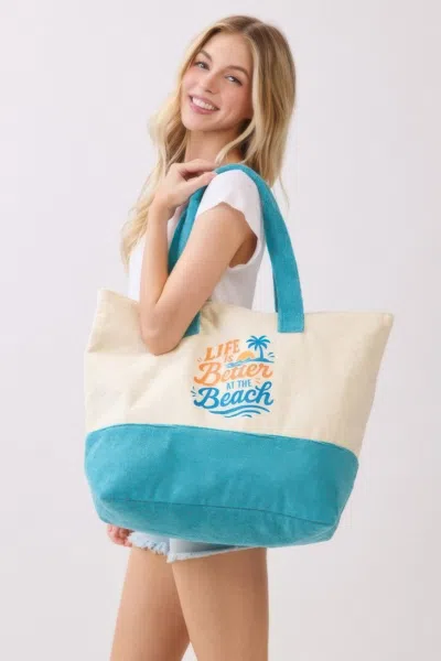 Fashnzfab Life Is Better At The Beach Terry Tote In Blue