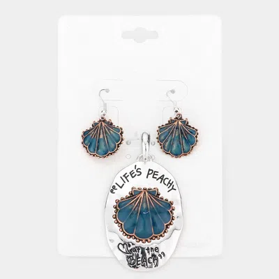 Fashnzfab Life's Peachy At The Beach Shell Pendant Set - Patina Verdigris In Blue